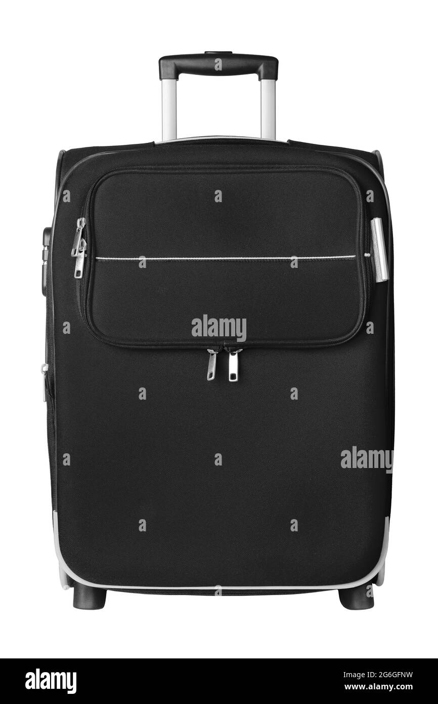 Valises de voyage en tissu noir, fermeture à glissière, poignée, verrouillage arrière-plan blanc vue avant isolée, grande valise à bagages, grand sac à bagages, vacances Banque D'Images