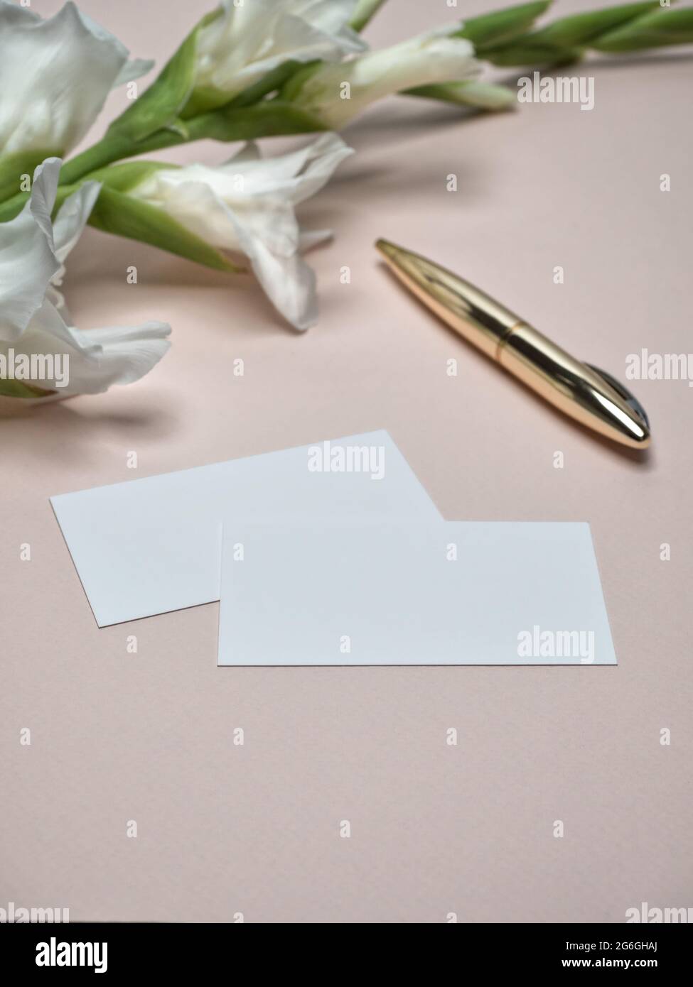 Maquette d'invitation de mariage, carte d'invitation de fête avec fleur de gladiolus blanche et stylo doré. Fond rose. Banque D'Images
