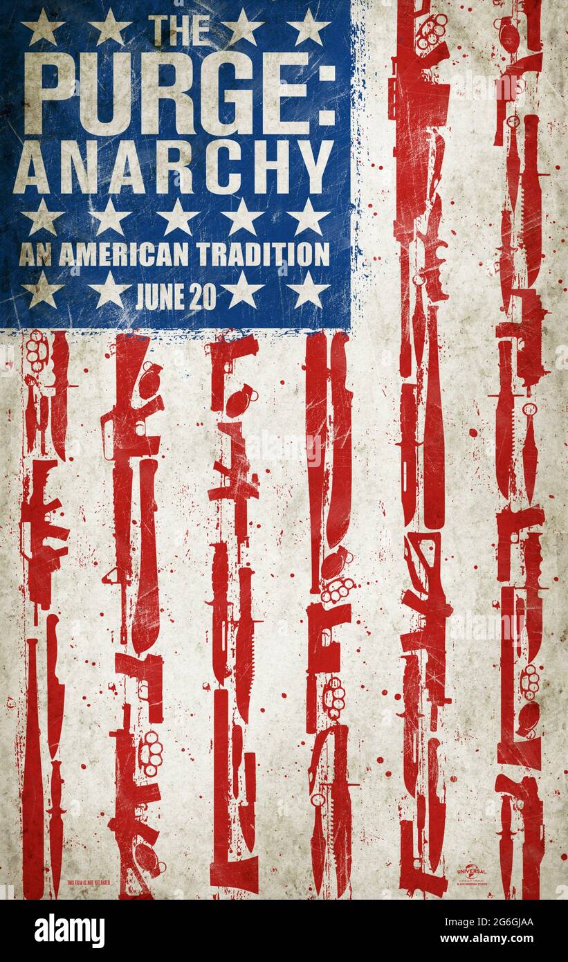 The Purge: Anarchie (2014) dirigée par James DeMonaco et avec Frank Grillo, Elizabeth Mitchell et Mykelti Williamson. SEQUEL environ 3 groupes séparés essayant t o survivre au chaos de la purge annuelle où tout crime est légal. Banque D'Images