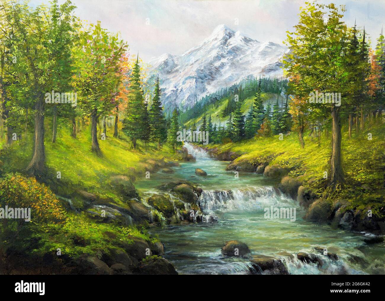 Peinture à l'huile originale du paysage de source d'beautifl, forêt, montagnes de neige et rivière sur toile.Impressionnisme moderne, modernisme, marinisme Banque D'Images