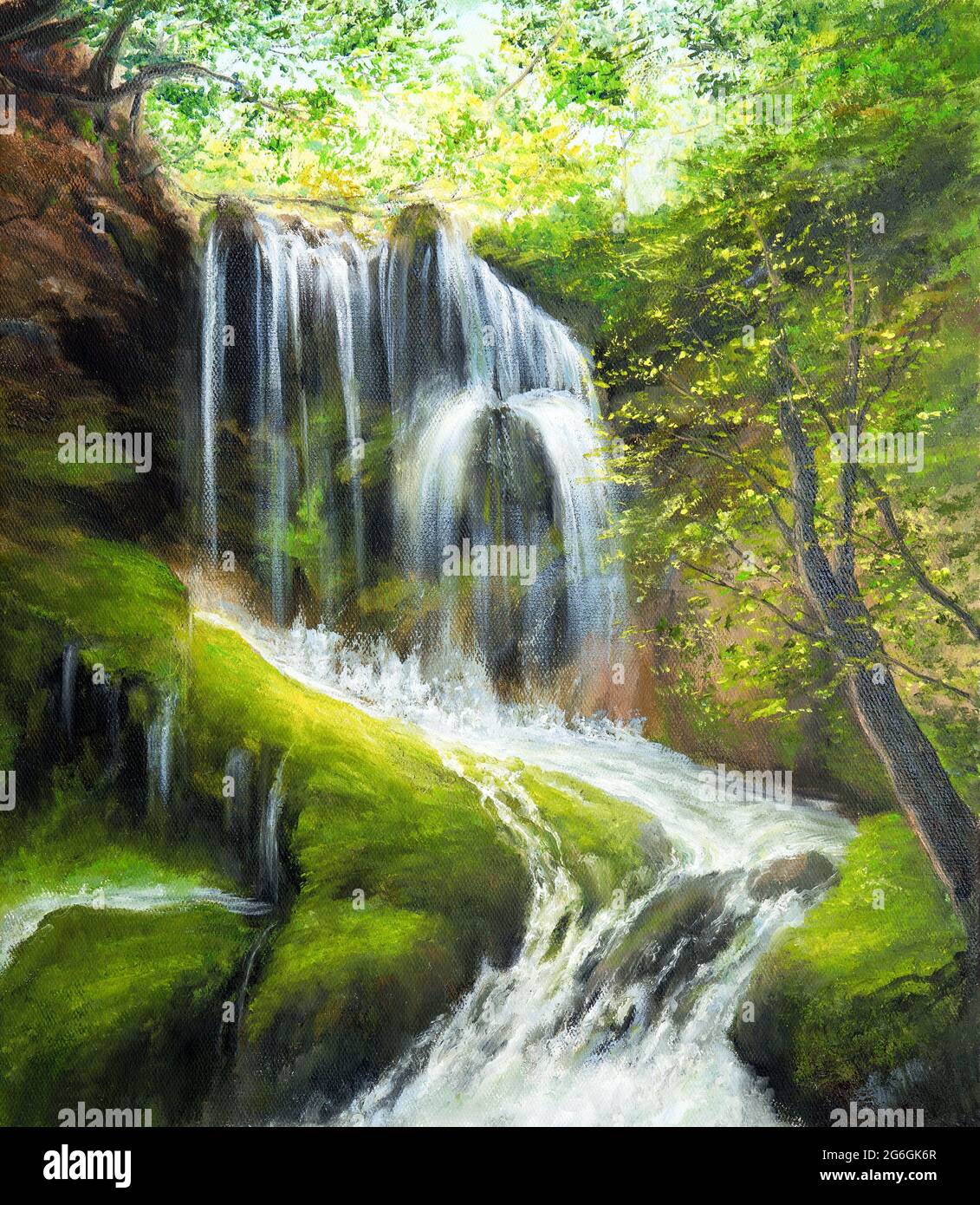 Peinture à l'huile originale du paysage de source d'beautifl, cascade dans la forêt sur toile.Impressionnisme moderne, modernisme, marinisme Banque D'Images