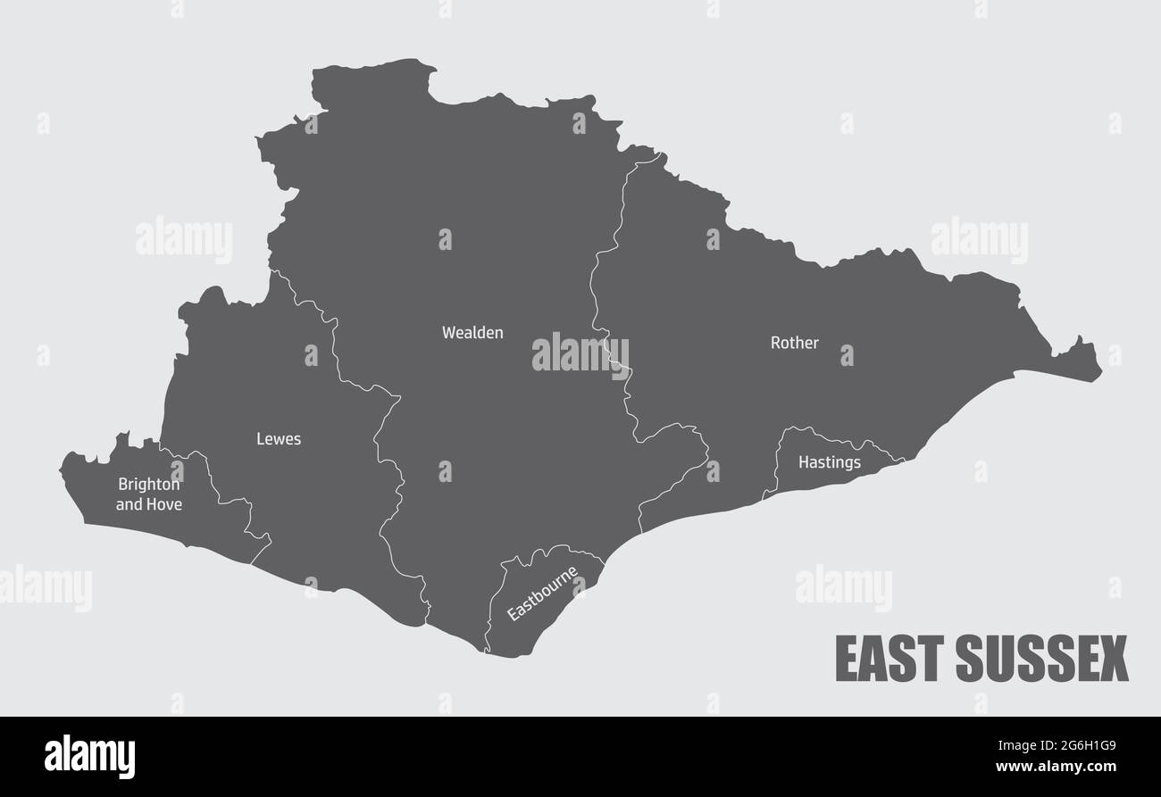 La carte du comté de Sussex est divisée en districts avec des étiquettes, Angleterre Illustration de Vecteur