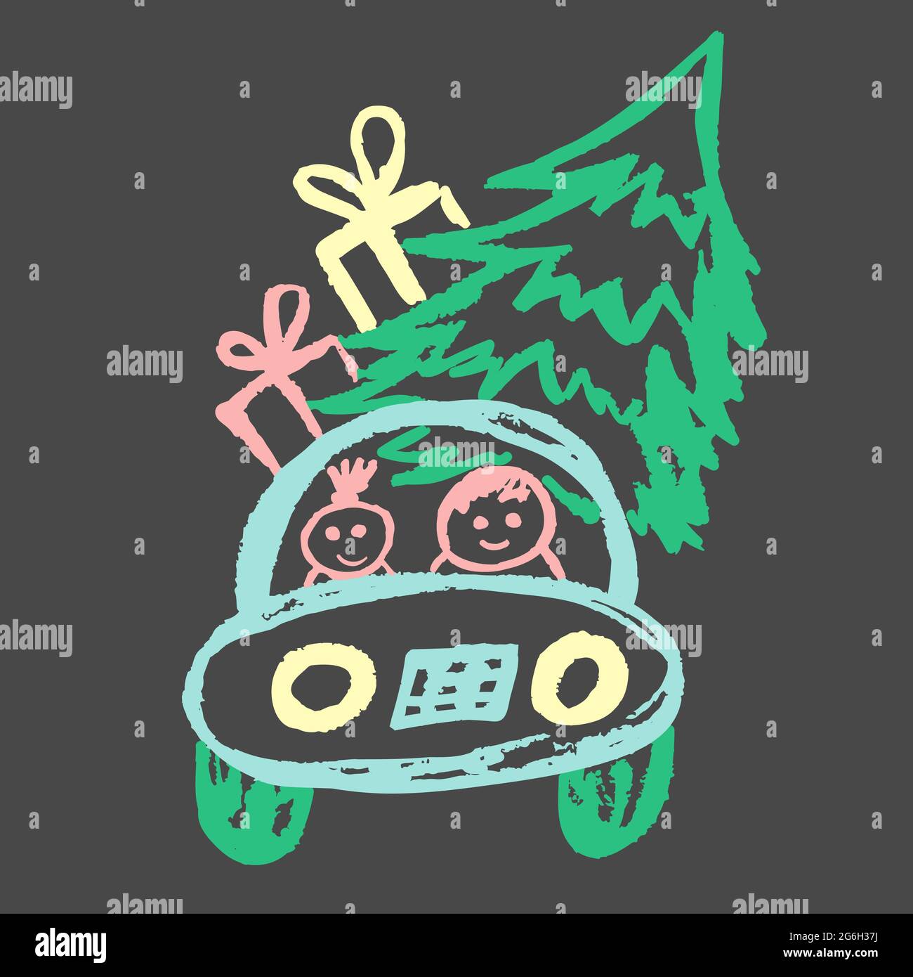 Joli dessin enfant avec craie colorée sur fond gris. Craie pastel ou crayon drôle de style Doodle vecteur. Voiture de Noël, famille, arbre de Noël Illustration de Vecteur