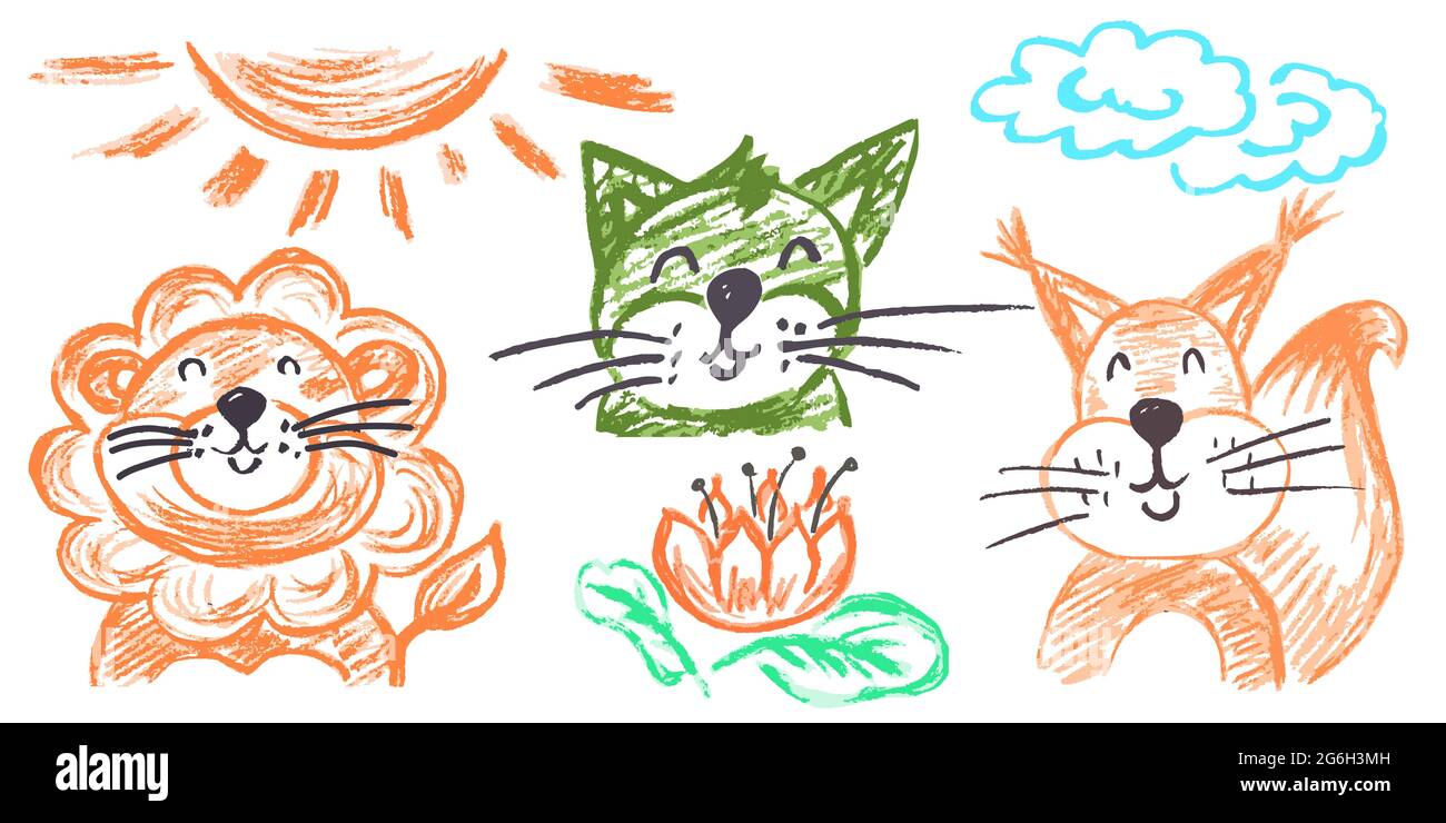 Joli Dessin Pueril Avec Crayons De Cire Sur Fond Blanc Craie Pastel Ou Crayon Drole De Style Doodle Vecteur Ensemble De Magnifiques Animaux Chat Lion S Image Vectorielle Stock Alamy