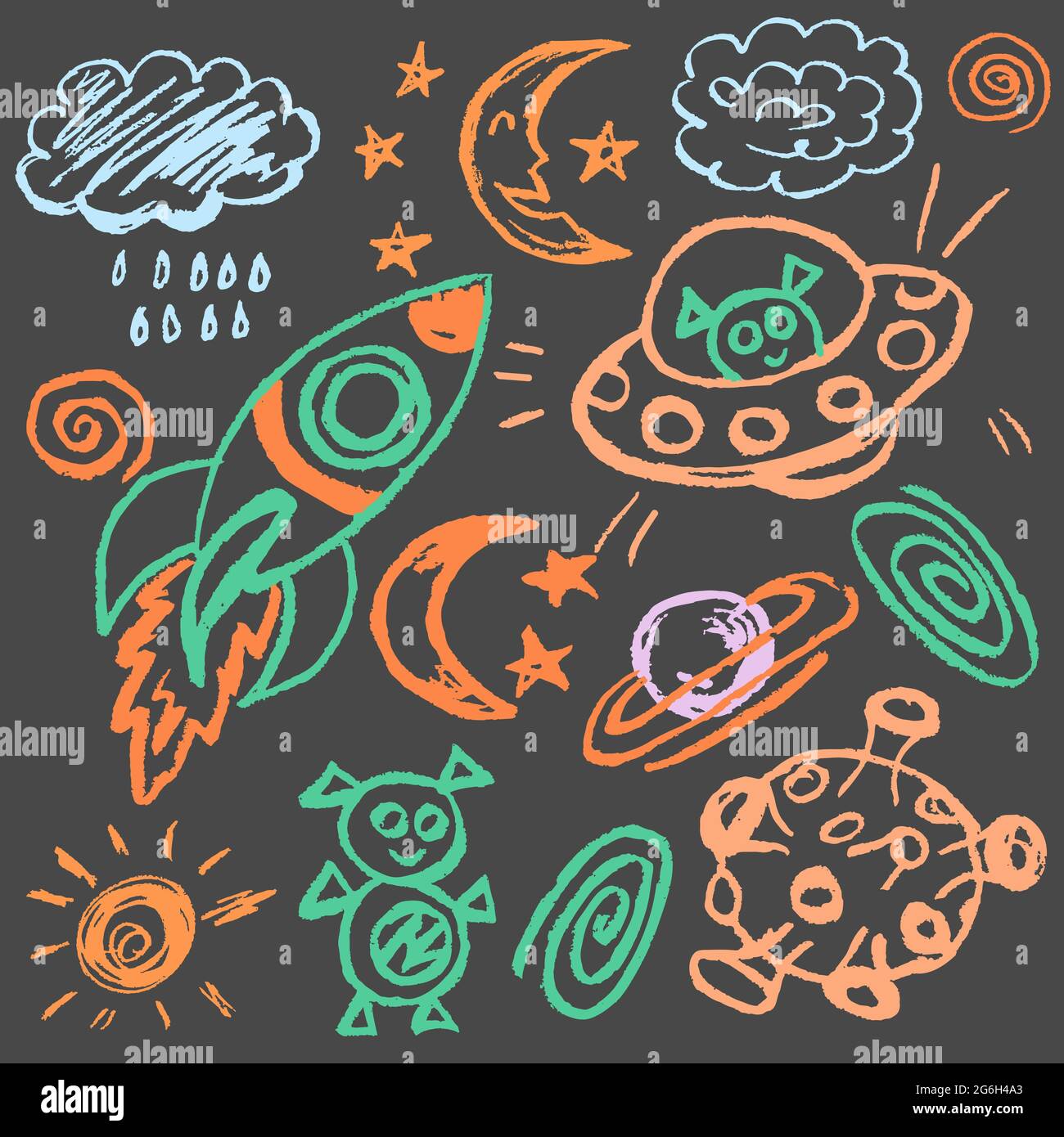 Joli dessin enfant avec craie colorée sur fond gris. Craie pastel ou crayon drôle de style Doodle vecteur. Espace, ovni, fusée, lune Illustration de Vecteur