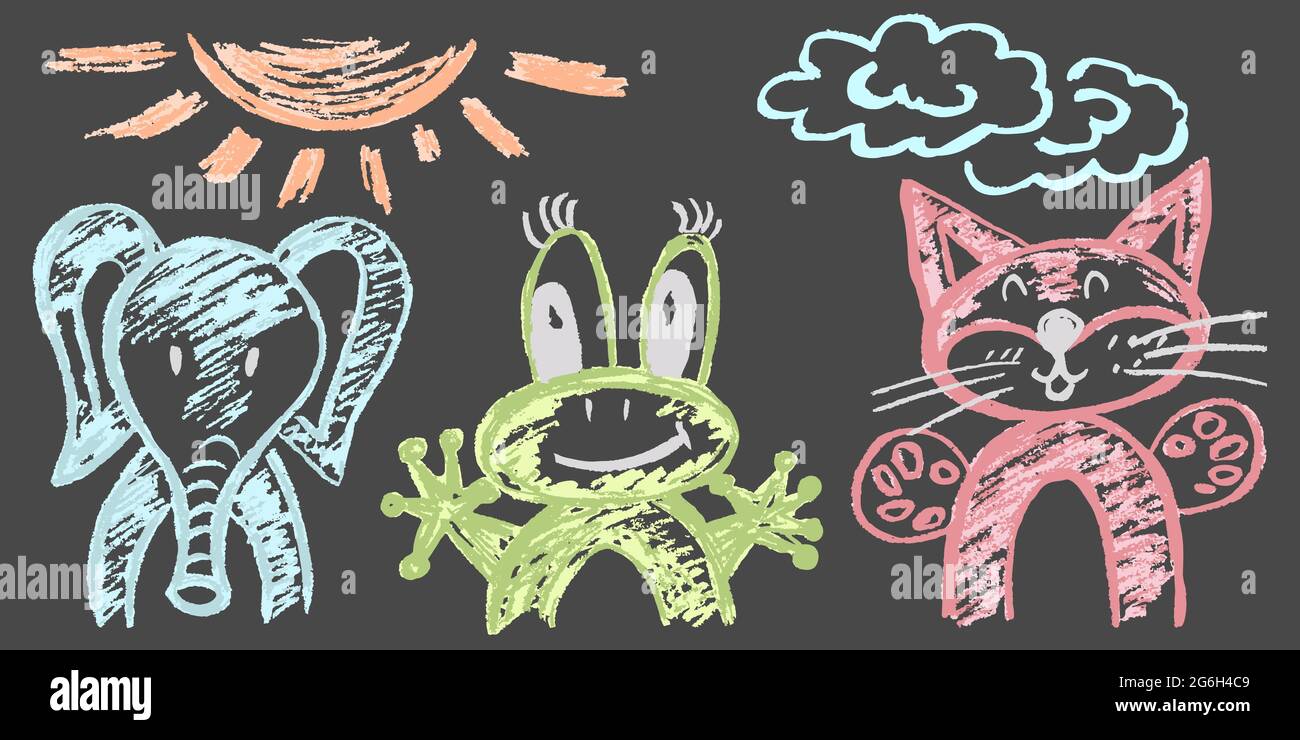 Joli dessin enfant avec craie colorée sur fond gris. Craie pastel ou crayon drôle de style Doodle vecteur. Ensemble de magnifiques animaux. Éléphant, f Illustration de Vecteur
