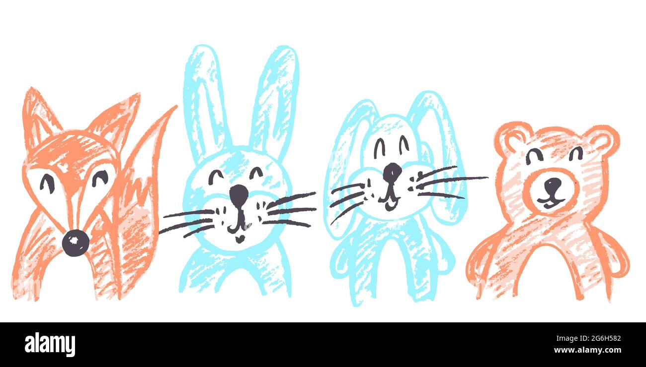 Joli dessin puéril avec crayons de cire sur fond blanc. Craie pastel ou crayon drôle de style Doodle vecteur. Ensemble de magnifiques animaux. Écureuil, ha Illustration de Vecteur