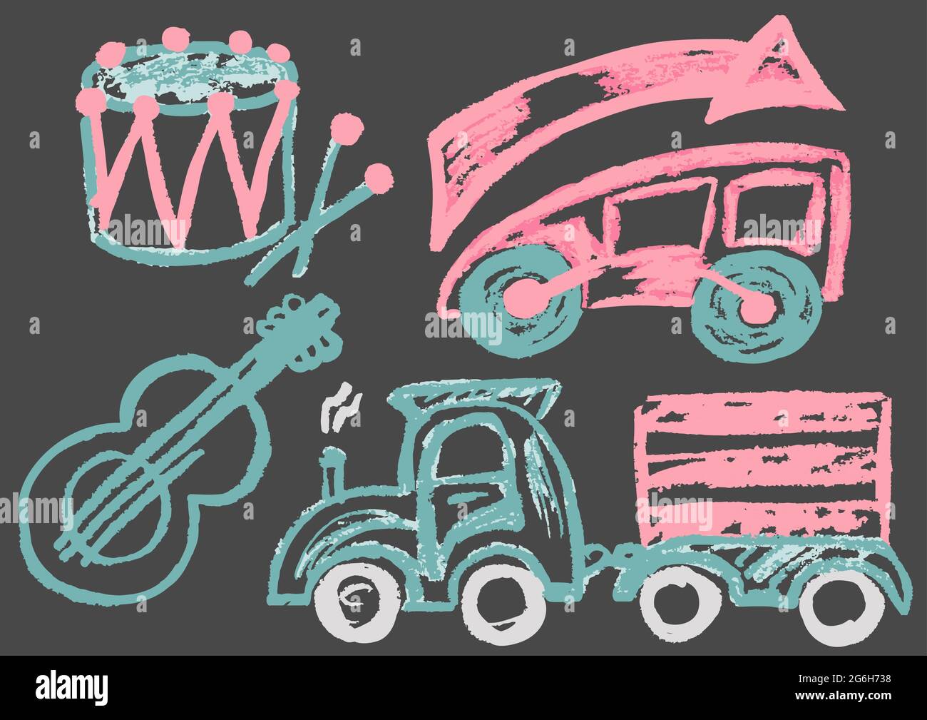 Joli dessin enfant avec craie colorée sur fond gris. Craie pastel ou crayon drôle de style Doodle vecteur. Batterie, guitare, voiture de course, train Illustration de Vecteur