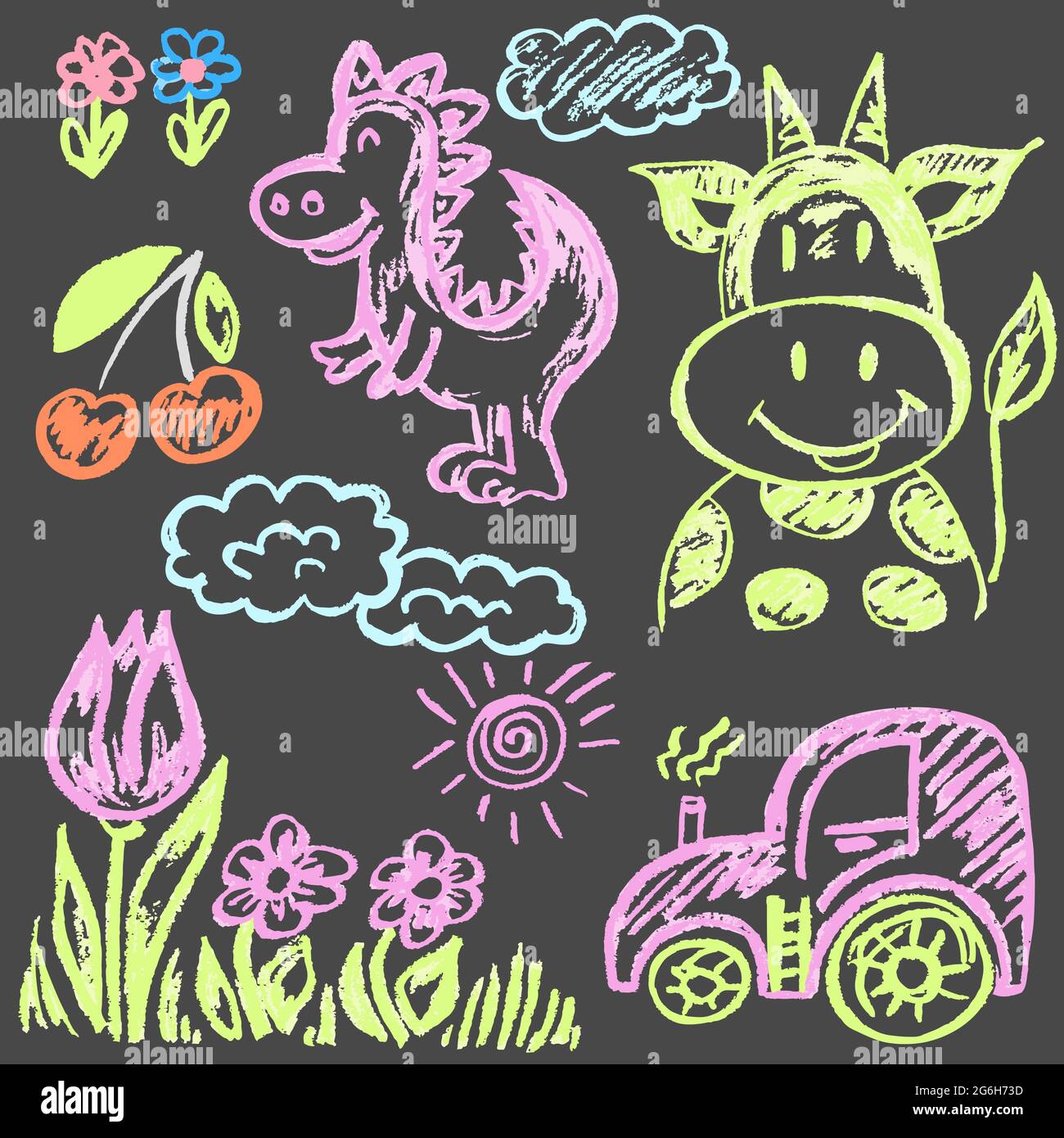 Joli dessin enfant avec craie colorée sur fond gris. Craie pastel ou crayon drôle de style Doodle vecteur. Vache, dinosaure, fleurs, tracteur Illustration de Vecteur
