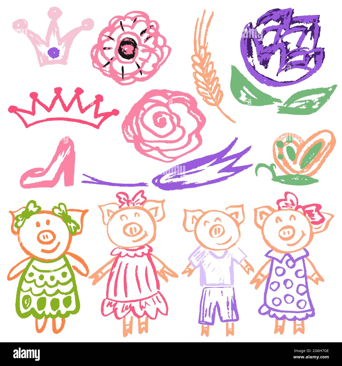 Joli dessin puéril avec crayons de cire sur fond blanc. Craie pastel ou crayon drôle de style Doodle vecteur. Fleurs, chaussures, couronnes, cochons Illustration de Vecteur