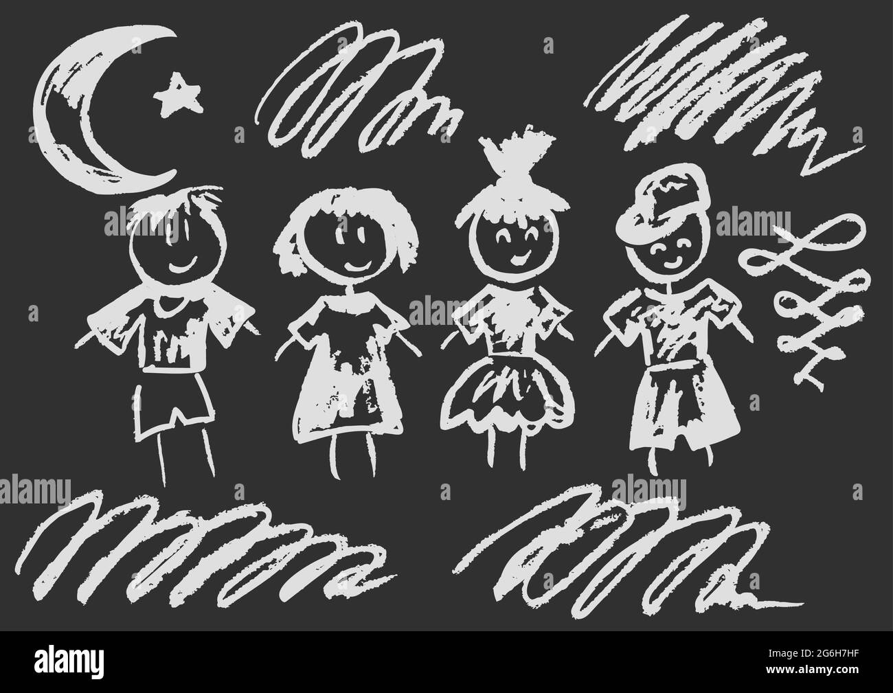 Joli dessin enfant avec craie blanche sur tableau noir. Craie pastel ou  crayon drôle de style Doodle vecteur. Enfants, garçon, fille, lune, étoile,  doodle Image Vectorielle Stock - Alamy