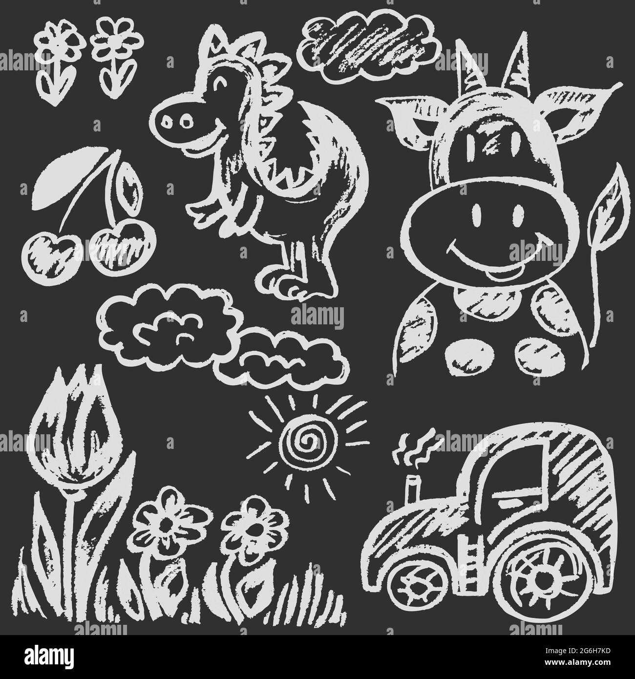 Joli dessin enfant avec craie blanche sur tableau noir. Craie pastel ou crayon drôle de style Doodle vecteur. Vache, dinosaure, fleurs, tracteur Illustration de Vecteur