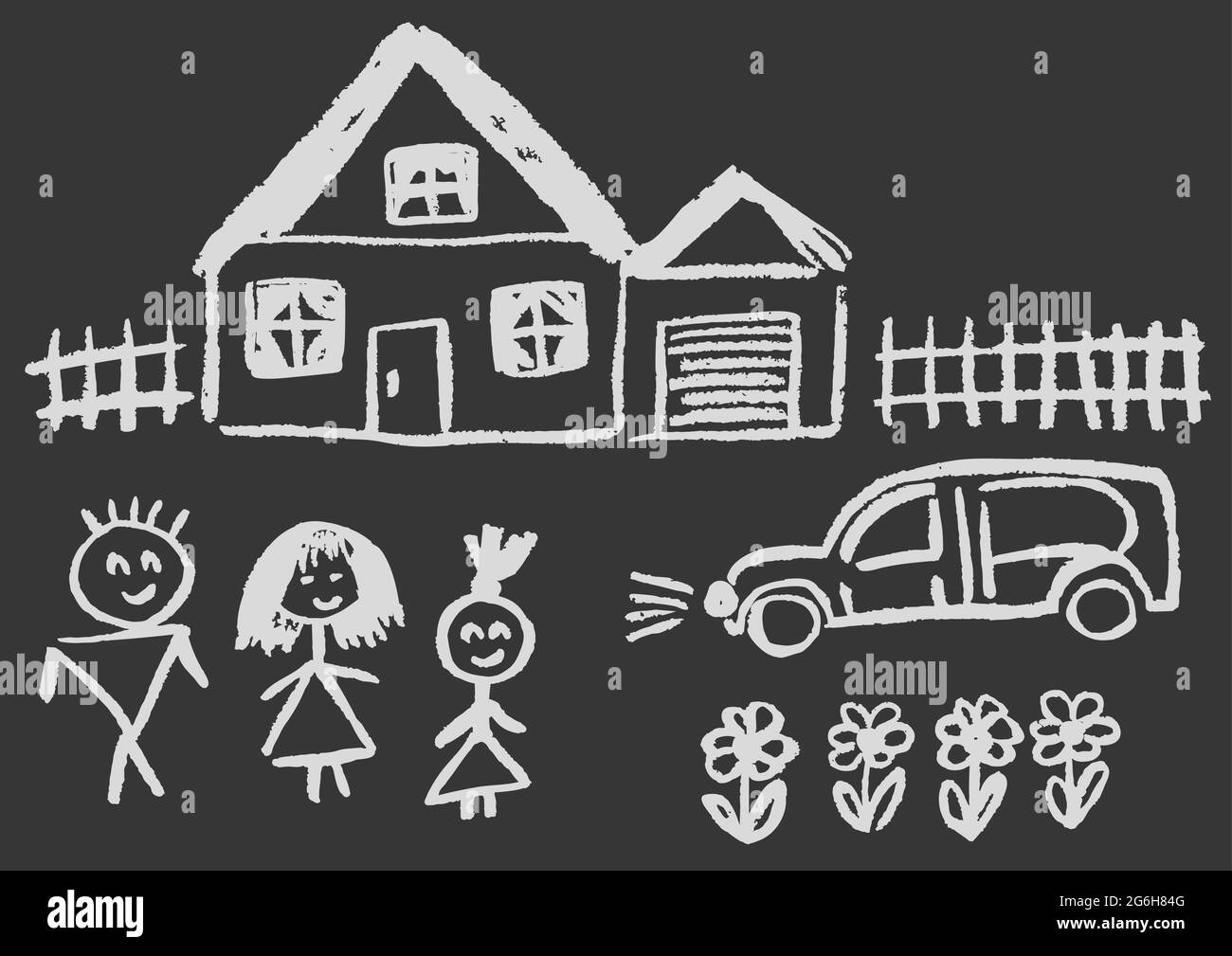 Joli dessin enfant avec craie blanche sur tableau noir. Craie pastel ou crayon drôle de style Doodle vecteur. Confort familial, maison, clôture, voiture, fleurs Illustration de Vecteur