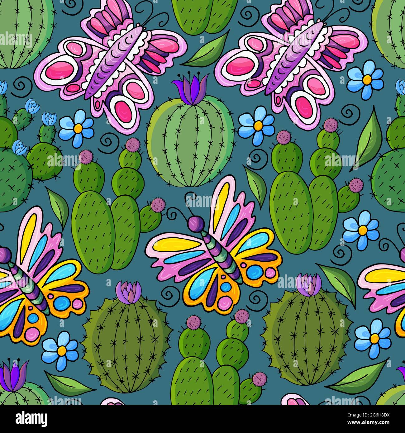 Illustration botanique sans couture. Motif tropical de différents cactus, aloès, animaux exotiques. Papillons, fleurs feuilles Illustration de Vecteur