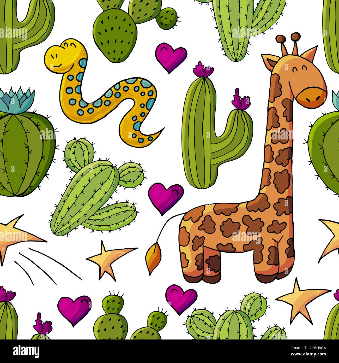 Illustration botanique sans couture. Motif tropical de différents cactus, aloès, animaux exotiques. Girafe, serpent, étoiles coeurs colorés Illustration de Vecteur