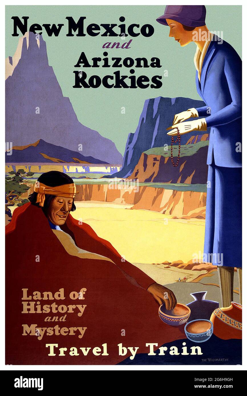 Affiche de voyage vintage pour le Nouveau-Mexique et les Rocheuses de l'Arizona, aux États-Unis Banque D'Images