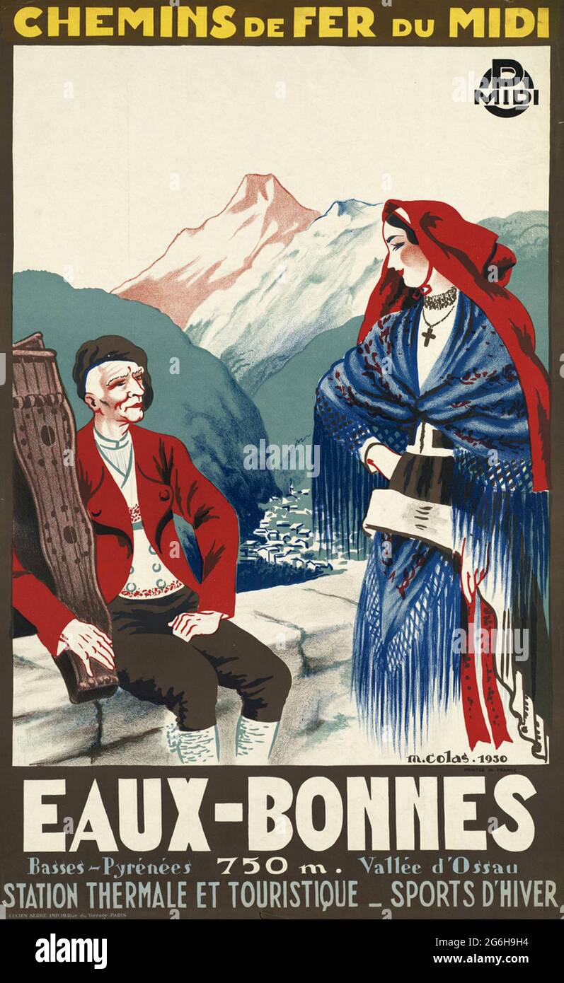 Une affiche de voyage vintage pour le village français d'eaux-bonnes dans les Pyrénées. Banque D'Images
