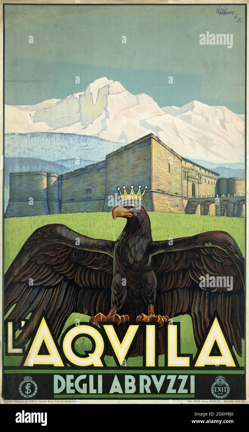 Une affiche de voyage vintage pour l'Aquila dans les Abruzzes, Italie Banque D'Images