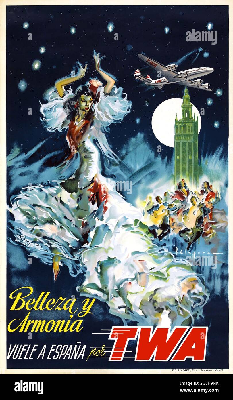 Affiche de voyage vintage pour les vols à destination de l'Espagne avec Trans World Airlines (TWA) Banque D'Images