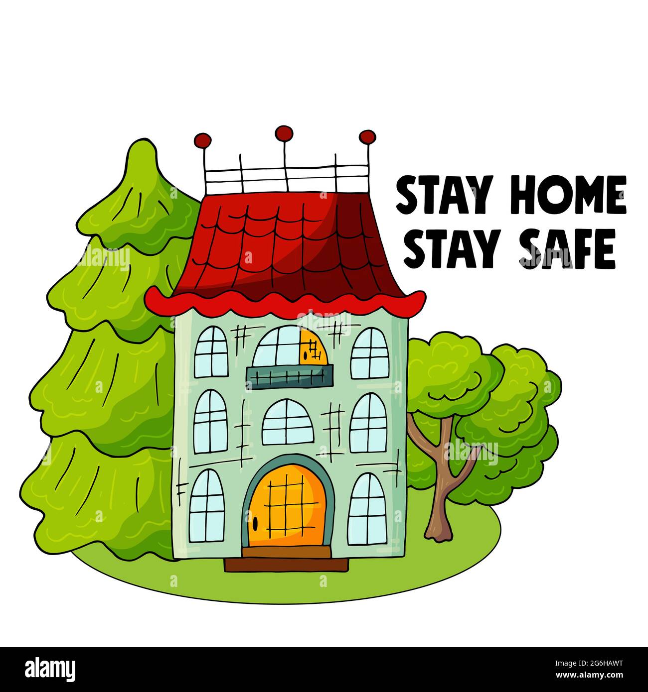Concept d'éclosion de coronavirus. Coronavirus en Chine. Nouveau coronavirus (2019-nCoV). Séjour à la maison concept illustration avec maison et arbres moderne mignon Illustration de Vecteur
