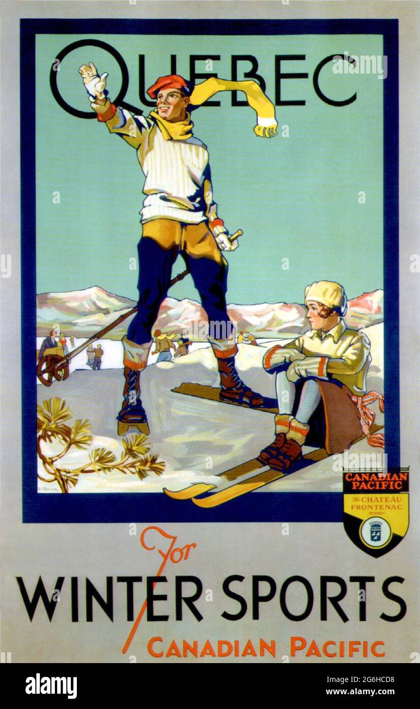 Affiche de voyage vintage pour les sports d'hiver au Québec, Canada Banque D'Images