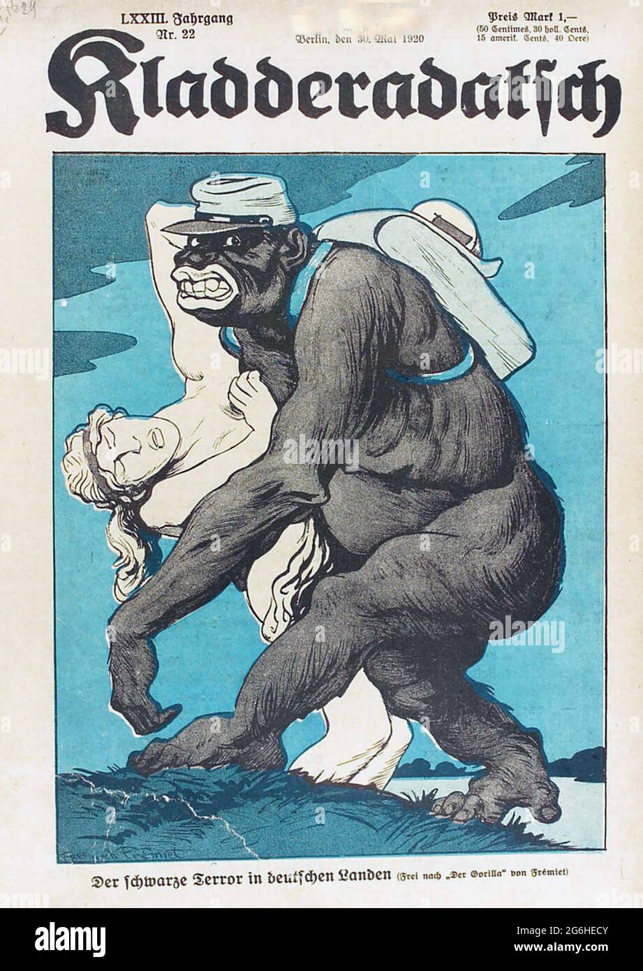 KLADDERADATSCH magazine satirique allemand. Couverture de l'édition de mai 1920 moquant les ambitions coloniales françaises. Banque D'Images