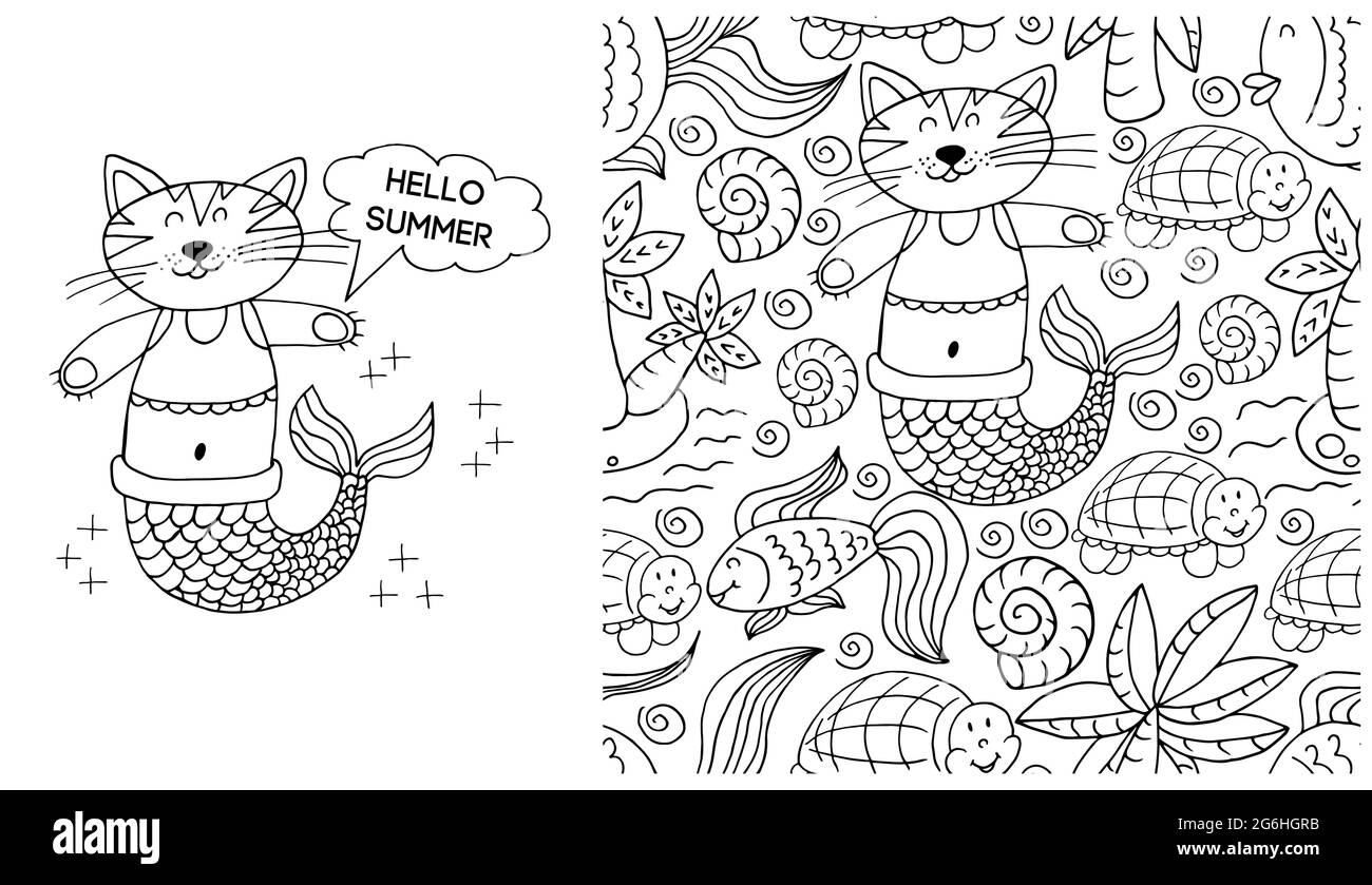 Ensemble d'éléments à contour et motif sans couture. Idéal pour les vêtements pour enfants. Mermaid chat et fond avec coquillages et éléments marins. Bonjour summe Illustration de Vecteur
