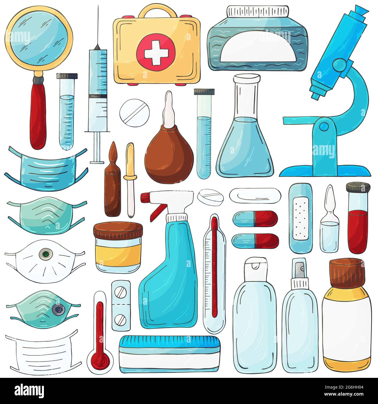 Collection d'illustrations vectorielles. Kit d'outils de médecin assistant  de laboratoire en forme de dessin à la main. Outils d'analyse, recherche de  virus. Cas du médecin Image Vectorielle Stock - Alamy