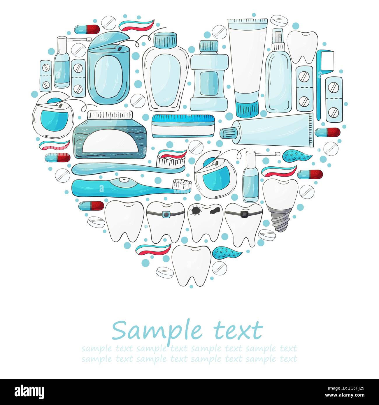 Ensemble coeur d'éléments de conception, texte. Ensemble d'éléments pour le soin de la cavité buccale en dessinent à la main. Nettoyage des dents, santé dentaire. Dents, fil, b Illustration de Vecteur