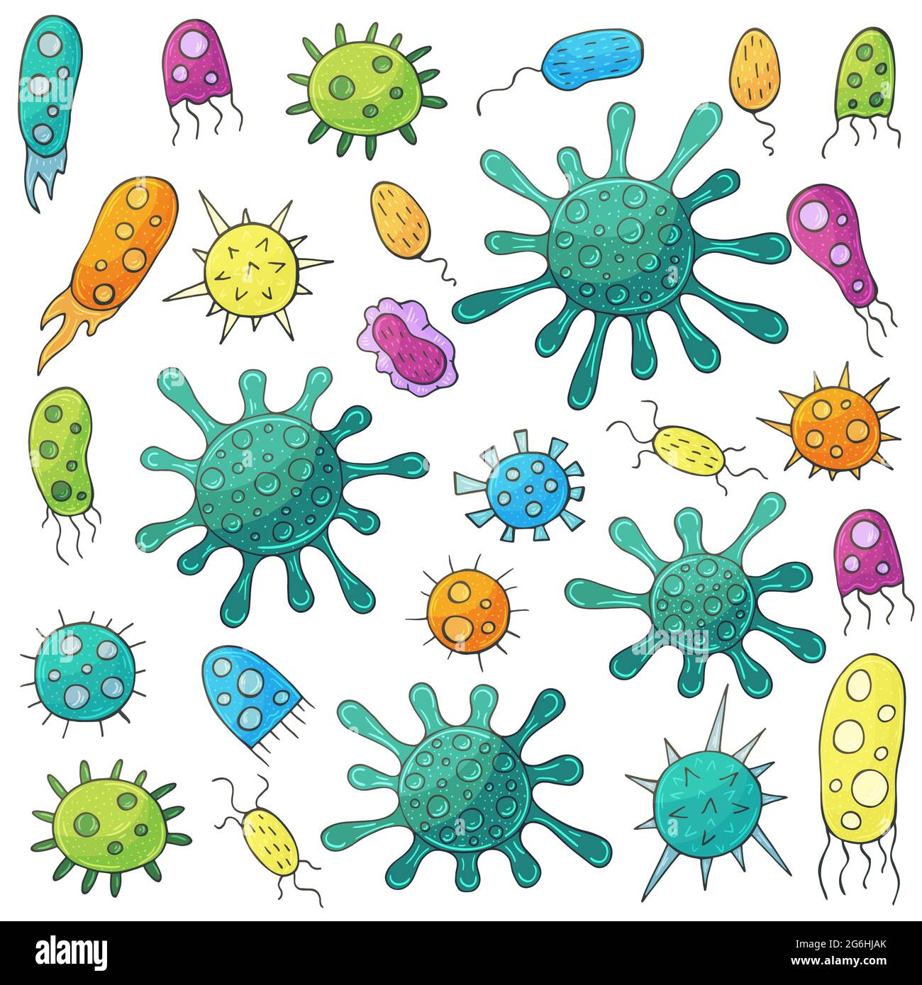 Ensemble vectoriel d'éléments de conception. Ensemble de microbes de dessin à la main. Coronavirus, virus, bactéries, micro-organismes Illustration de Vecteur