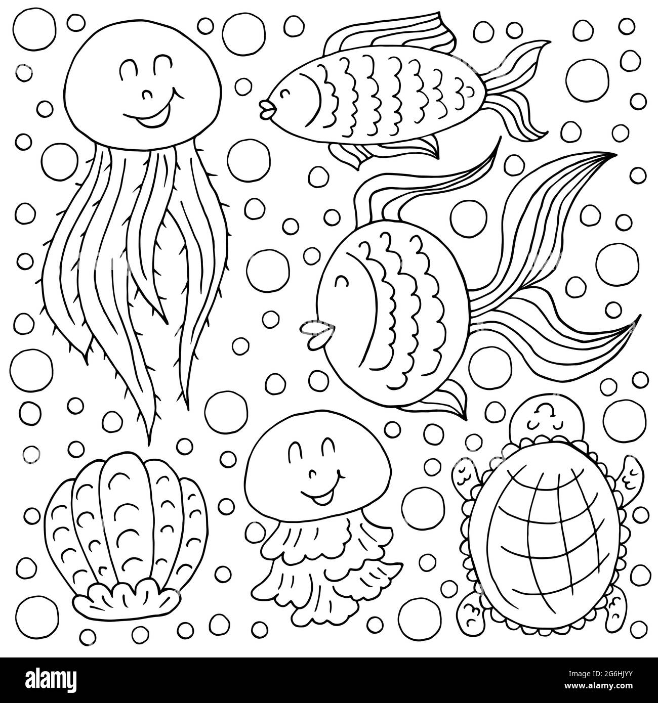 Ensemble d'icônes en mode dessin à la main. Illustration de la chemise. Collection de dessins sur le thème marin. Poissons, tortues, méduses Illustration de Vecteur