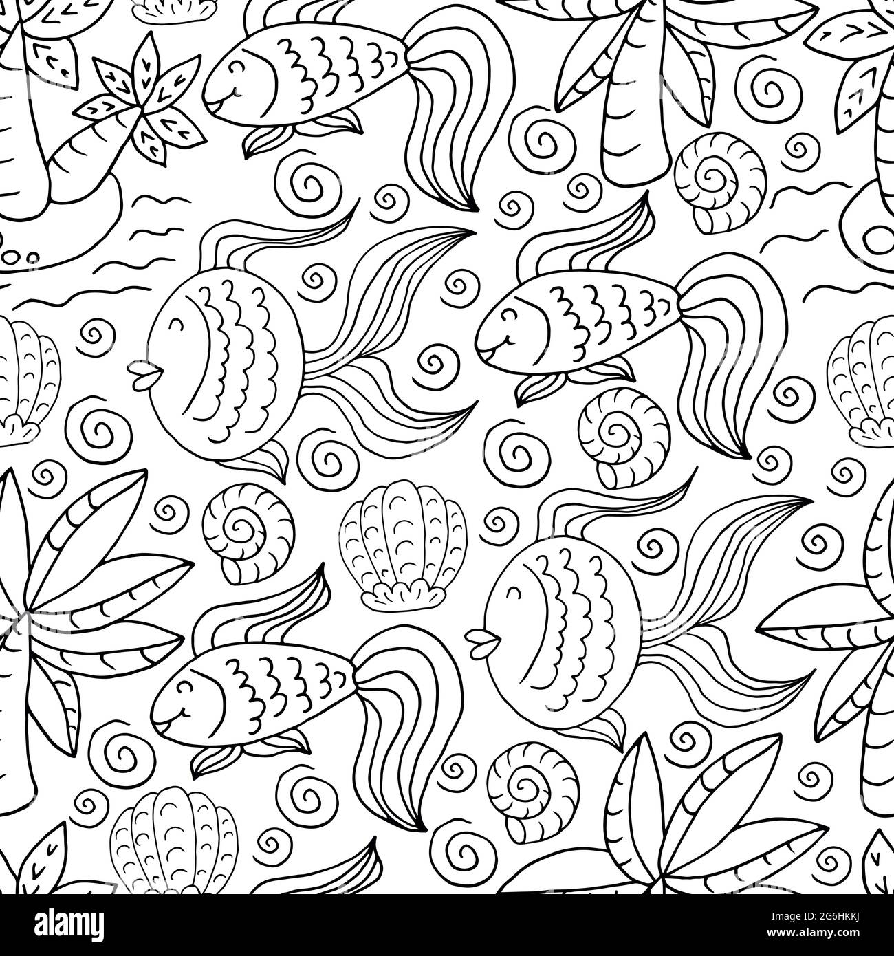 Motif vectoriel sans couture en mode de dessin à la main. Illustration de la chemise. Motif, arrière-plan sur le thème marin. Palmiers, poissons Illustration de Vecteur