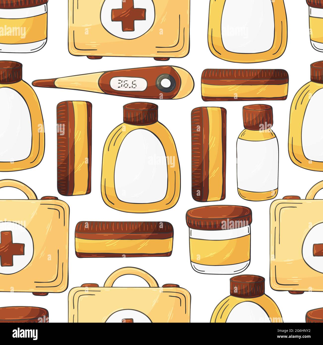 Motif sans couture. Dessins animés d'instruments médicaux dans le style de dessin à la main. Boîtier médical, thermomètre, médicaments Illustration de Vecteur