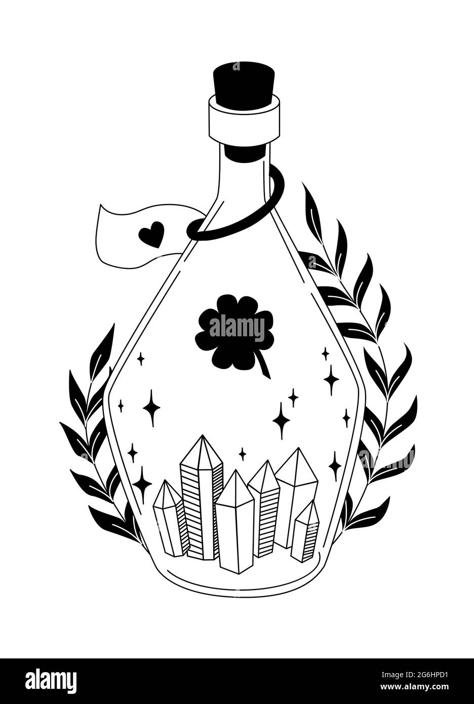 Bouteille Magic. Sorcellerie. Flacon avec cristaux, feuilles, étoiles. Style gothique. Illustration vectorielle noir et blanc. Symbole ésotérique. Illustration de Vecteur