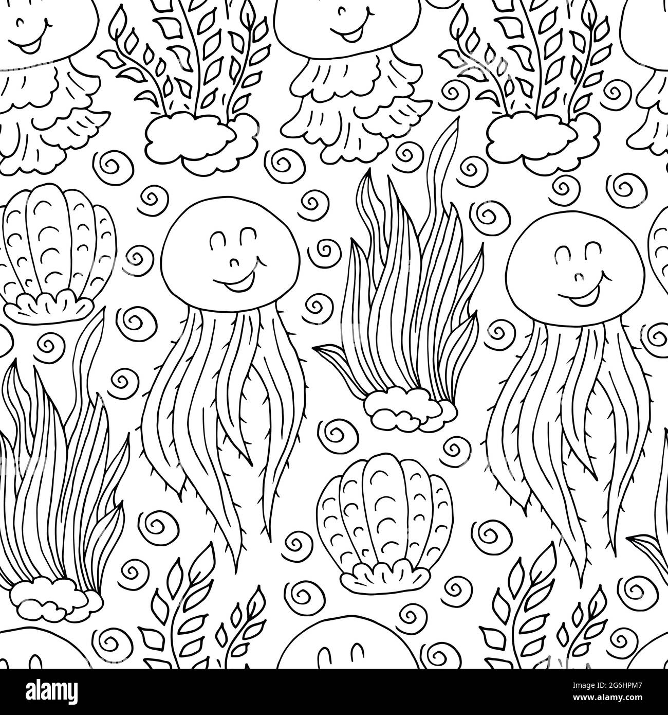 Motif vectoriel sans couture en mode de dessin à la main. Illustration de la chemise. Motif, arrière-plan sur le thème marin. Algues, méduses, coquillages Illustration de Vecteur