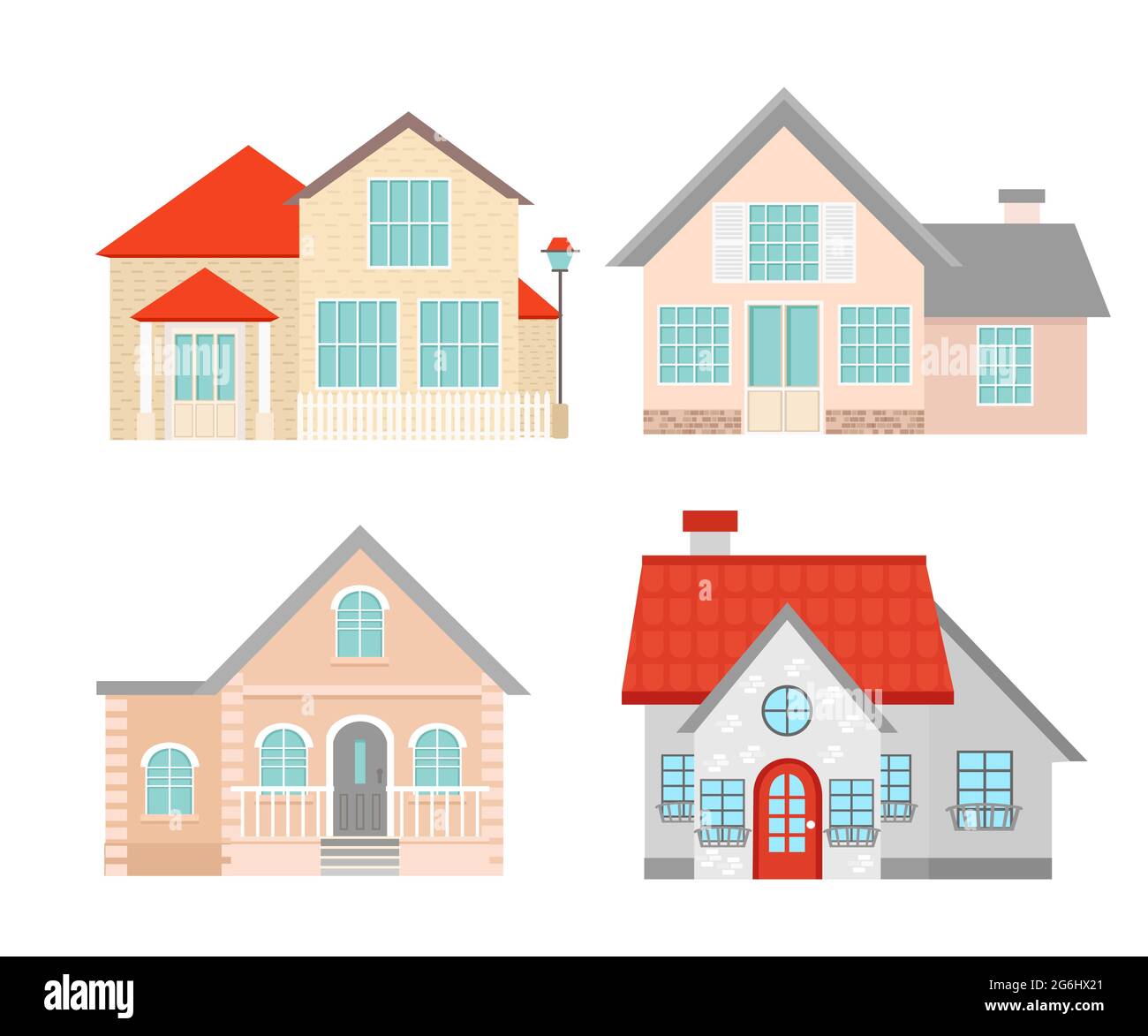 Ensemble d'illustrations vectorielles de maisons résidentielles plates colorées. Maison de ville cottage. Ensemble de construction isolé sur fond blanc et de style plat. Illustration de Vecteur