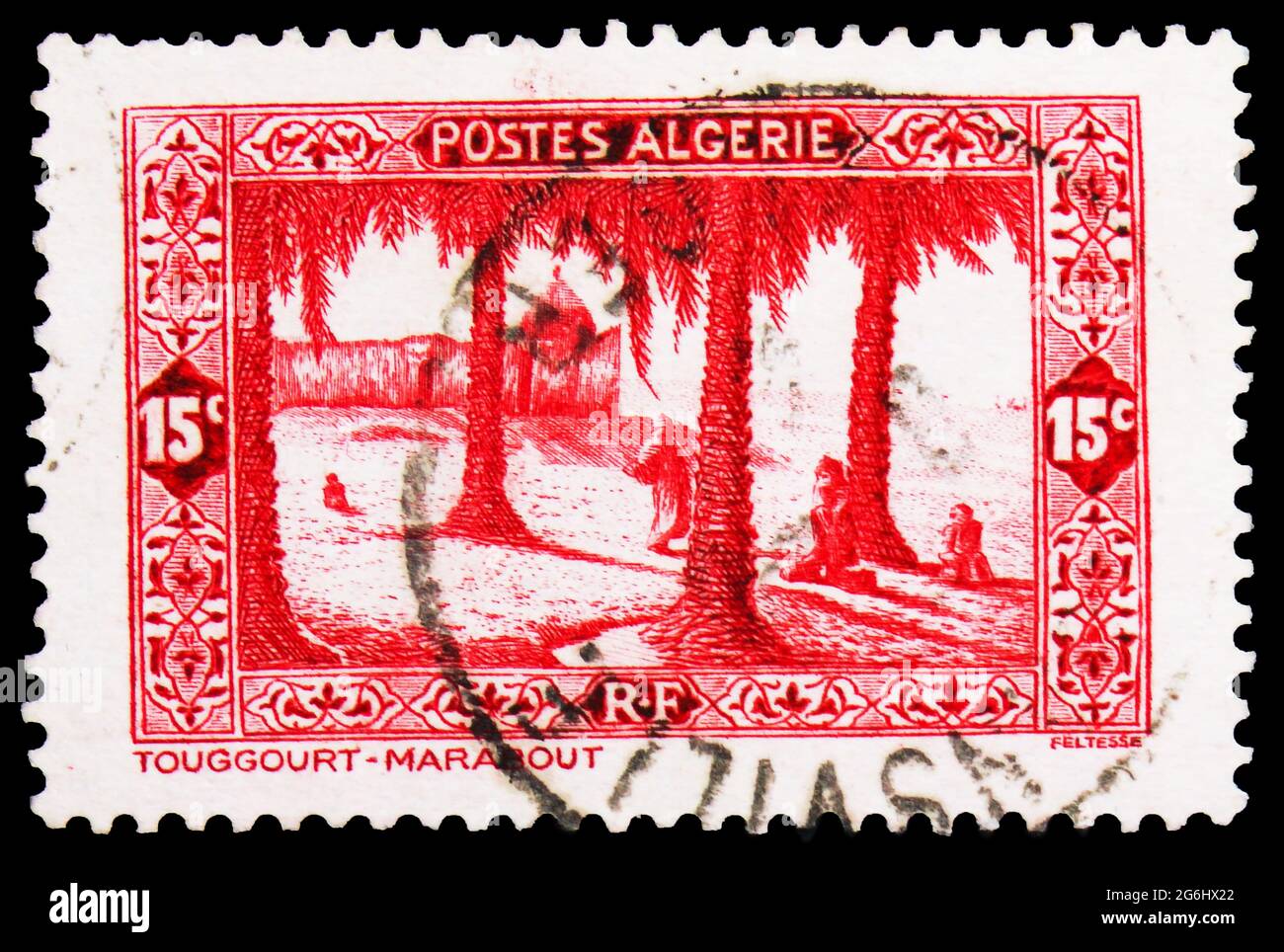 MOSCOU, RUSSIE - 28 AVRIL 2020 : le timbre-poste imprimé en Algérie montre la série Marabouts, Tougghourt, paysages et bâtiments, vers 1936 Banque D'Images