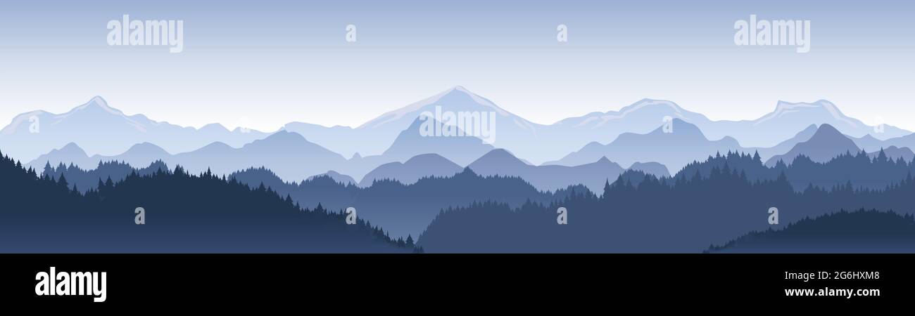 Illustration vectorielle d'un magnifique paysage de montagne bleu foncé avec brouillard et forêt. Lever et coucher de soleil en montagne. Illustration de Vecteur