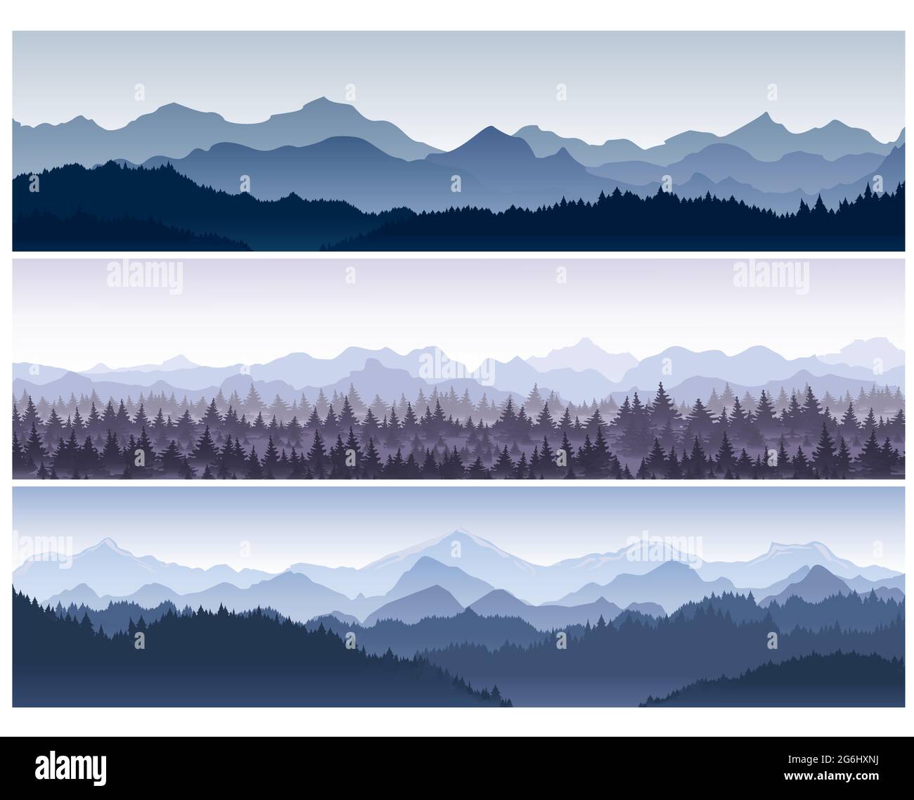 Ensemble d'illustrations vectorielles d'arrière-plans horizontaux avec des montagnes naturelles sauvages avec forêt dans le brouillard du matin. Illustration de Vecteur