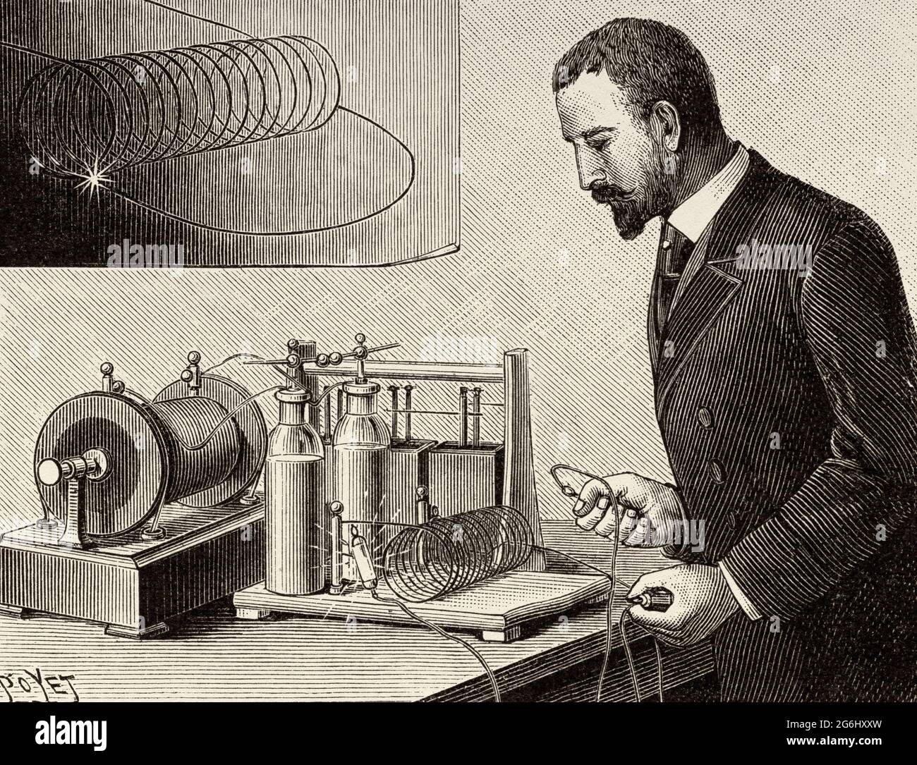 Expériences électrophysiologiques par Jacques-Arsène d'Arsonval (1851-1940) médecin et physicien français. Appareil pour l'étude élémentaire des propriétés du courant oscillatoire et pour la démonstration de l'imoedance. Ancienne illustration gravée du XIXe siècle de la nature 1893 Banque D'Images