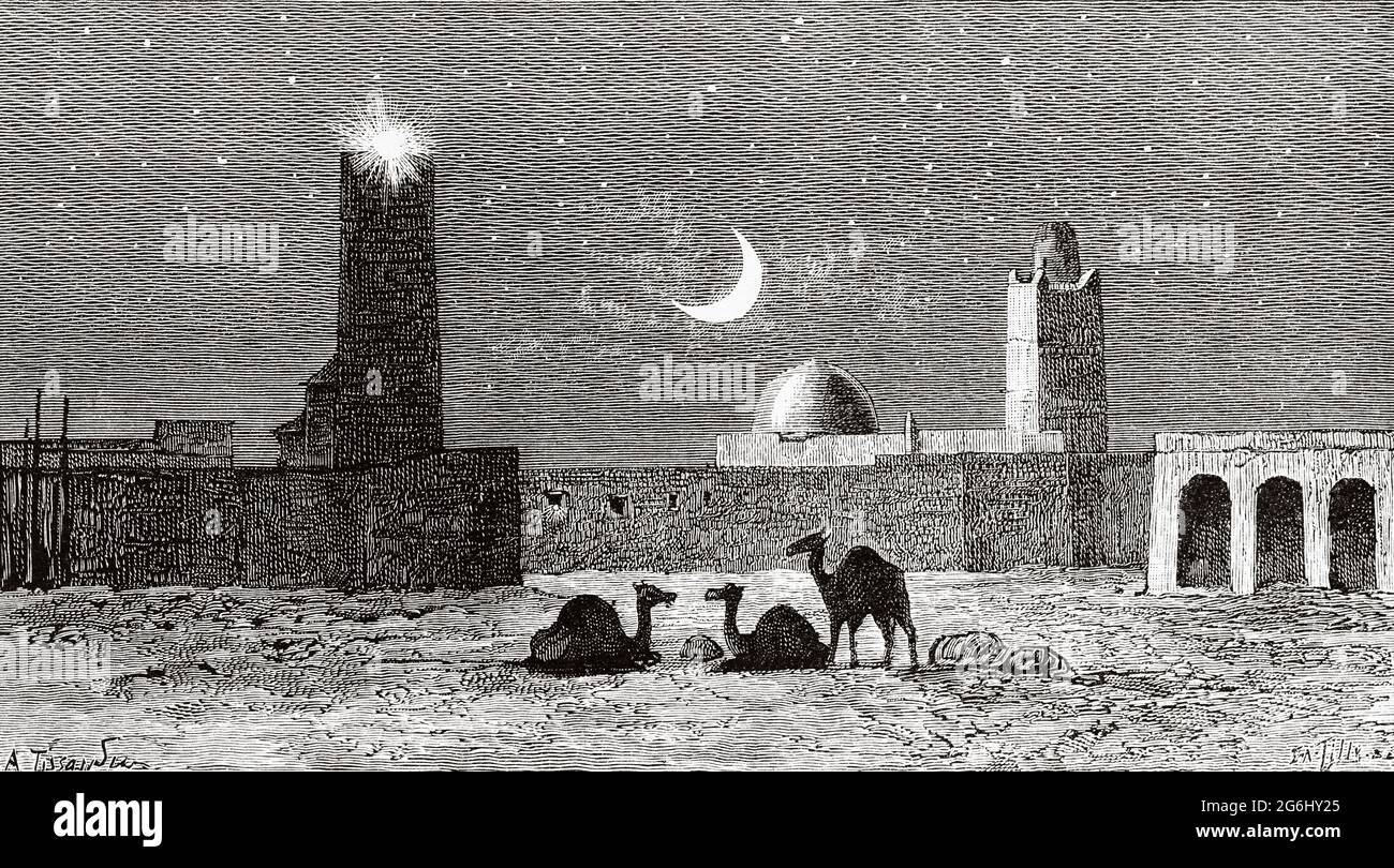 La tour télégraphique de l'oasis de Tougghourt, en Algérie. Afrique. Ancienne illustration gravée du XIXe siècle de la nature 1888 Banque D'Images