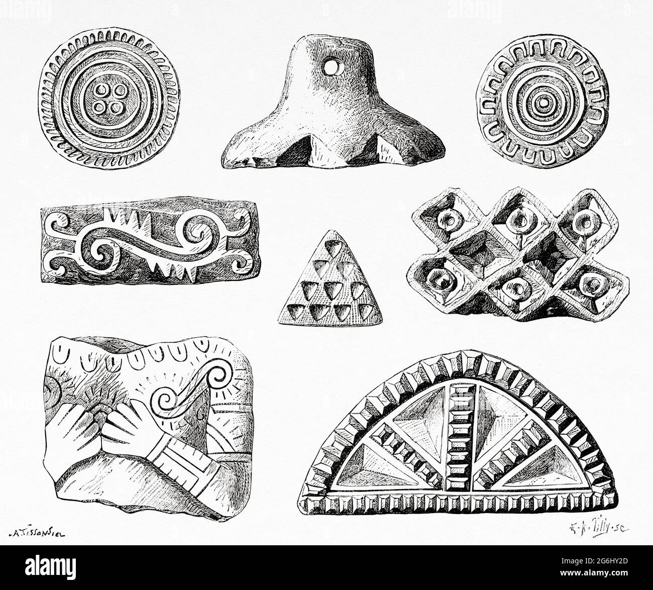 Timbres utilisés au Mexique ou aux îles Canaries pour la peinture du corps. Ancienne illustration gravée du XIXe siècle de la nature 1888 Banque D'Images