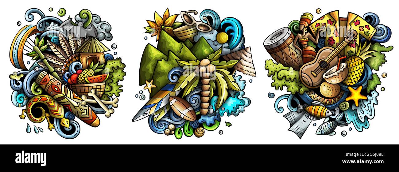 Ensemble de motifs de dessin animé à motif de dessin animé. Compositions détaillées colorées avec beaucoup d'objets et de symboles exotiques de l'île. Isolé sur des illustrations blanches Illustration de Vecteur