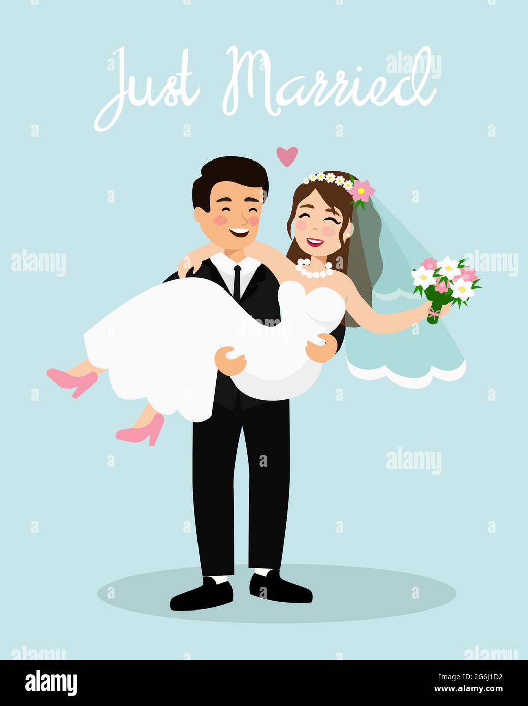 Illustration vectorielle de couple de mariage mariée et marié. Juste marié couple, marié groom est tenue mariée, dessin animé modèle plat. Illustration de Vecteur