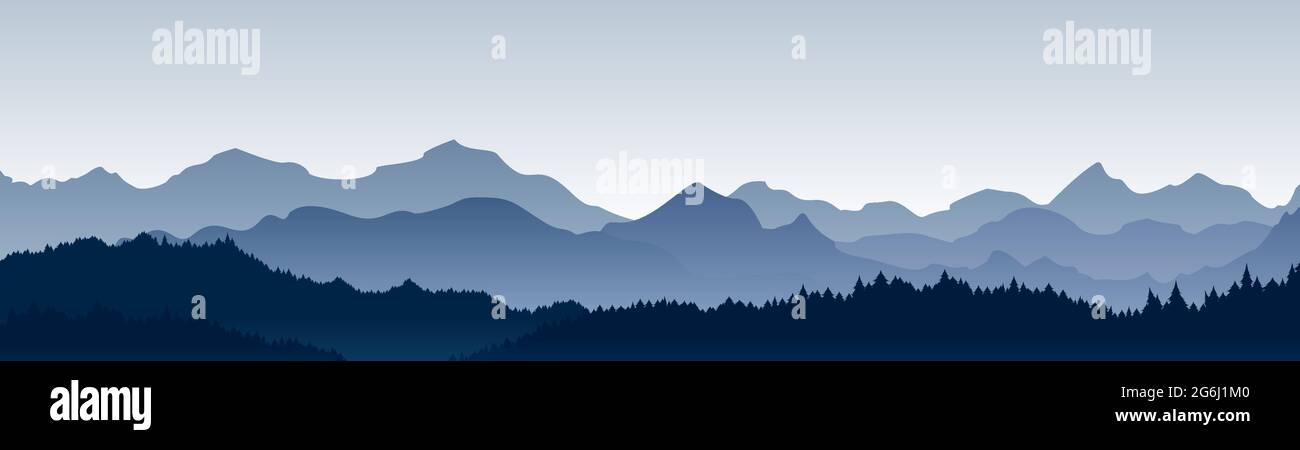 Illustration vectorielle d'une vue panoramique magnifique. Montagnes dans le brouillard avec forêt, matin montagne fond, paysage. Illustration de Vecteur