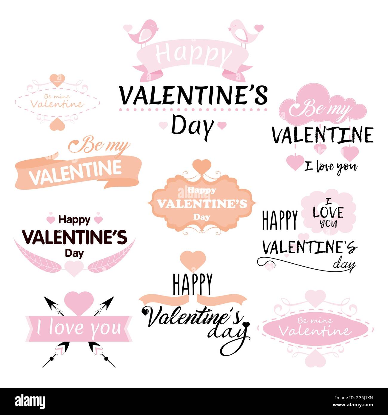 Ensemble d'illustrations vectorielles de Saint-Valentin comprenant des inscriptions et des concepts sur fond blanc pour les cartes de vœux. Illustration de Vecteur