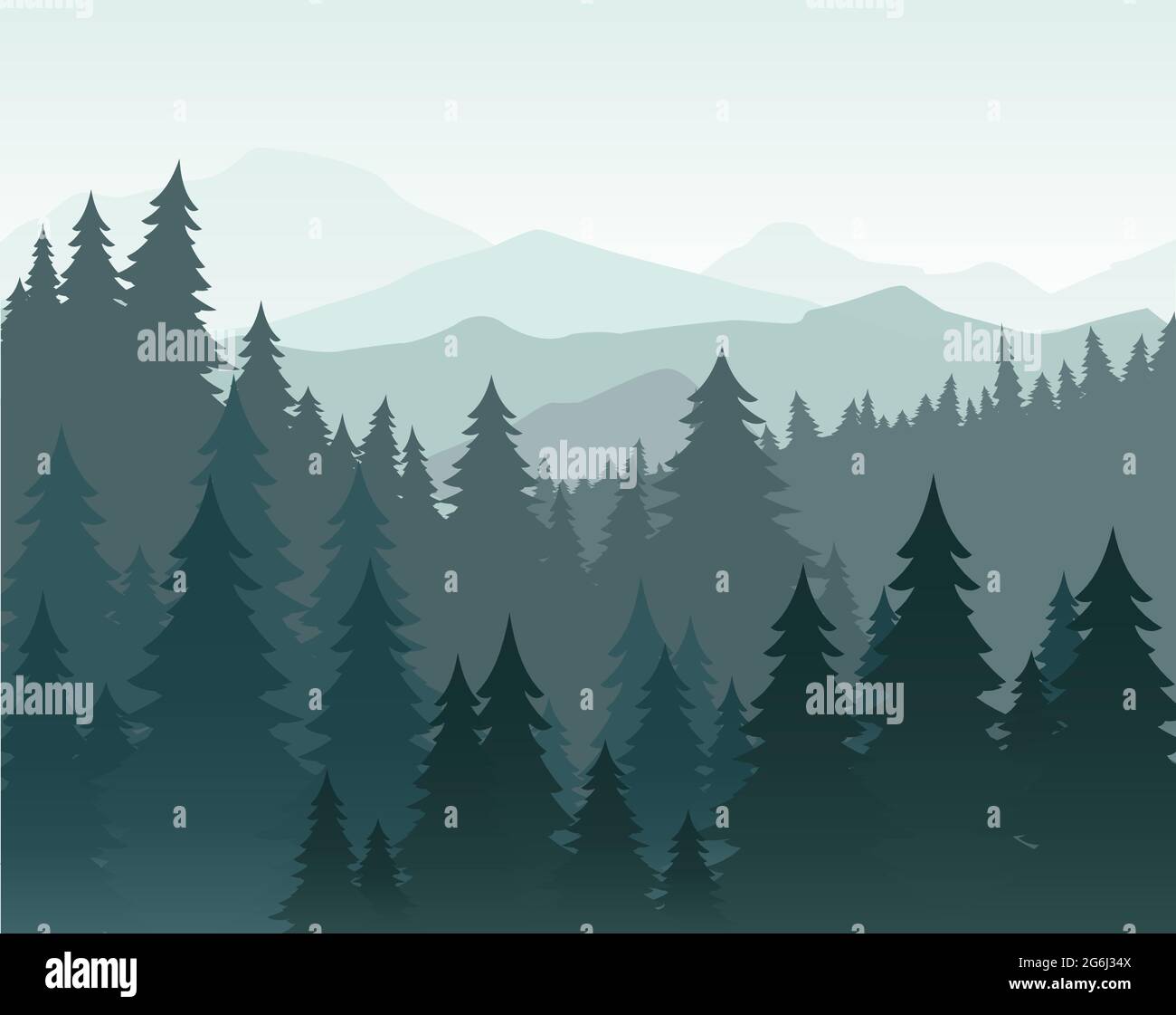 Illustration vectorielle de forêt de pins et de montagnes fond vectoriel. Forêt de conifères, silhouette de sapin et montagnes dans le paysage de brouillard. Illustration de Vecteur