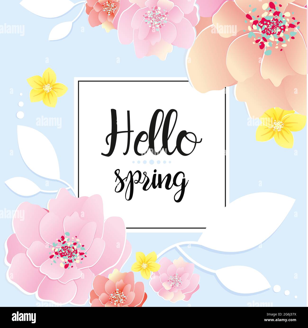 Illustration vectorielle de la carte de vœux Spring. Bonjour texte de printemps. Carte de vœux de fête des mères avec fleurs. Illustration de Vecteur