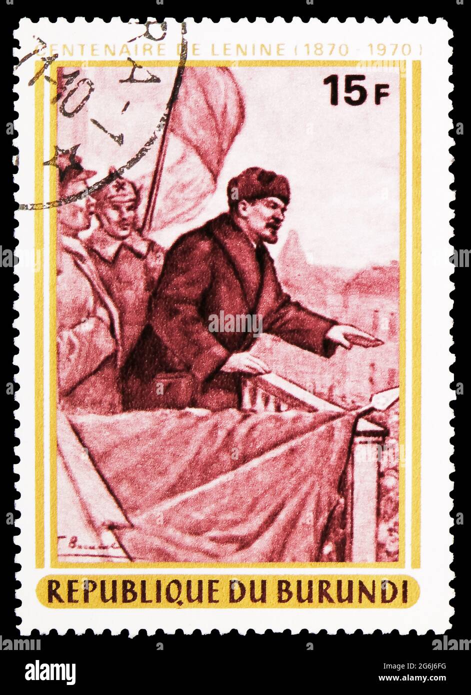 MOSCOU, RUSSIE - 21 MARS 2020 : le timbre-poste imprimé au Burundi montre Vladimir Lénine (1870-1924), centenaire de la série Lénine, 15 Fbu - franc burundais Banque D'Images