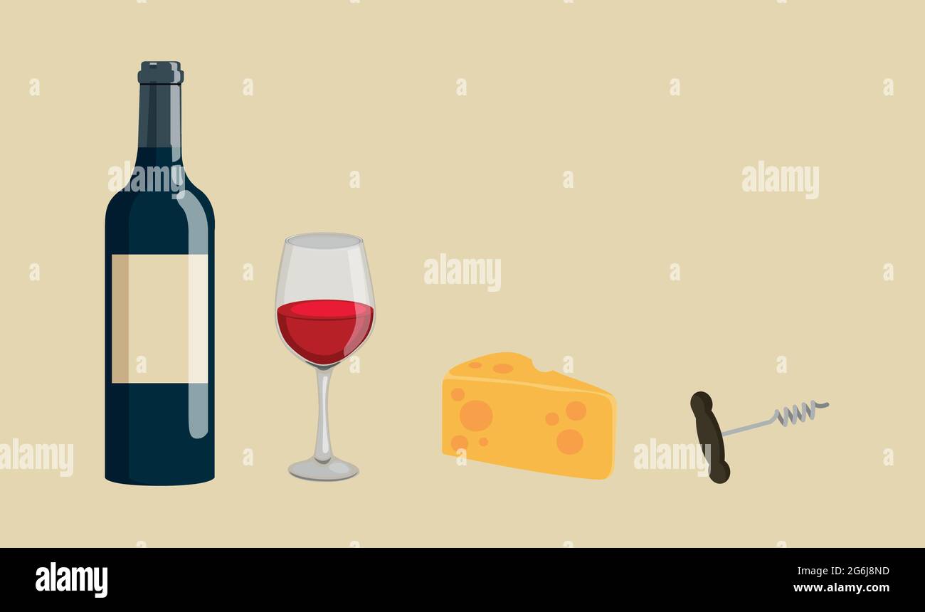 Bouteille, verre de vin et fromage Corkscrew. Vecteur de brut Illustration de Vecteur